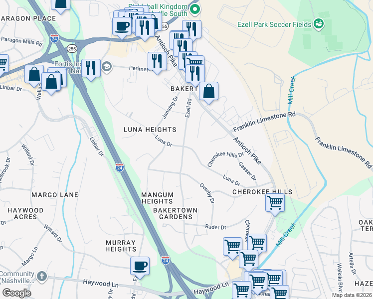 map of restaurants, bars, coffee shops, grocery stores, and more near 200A Luna Drive in Nashville