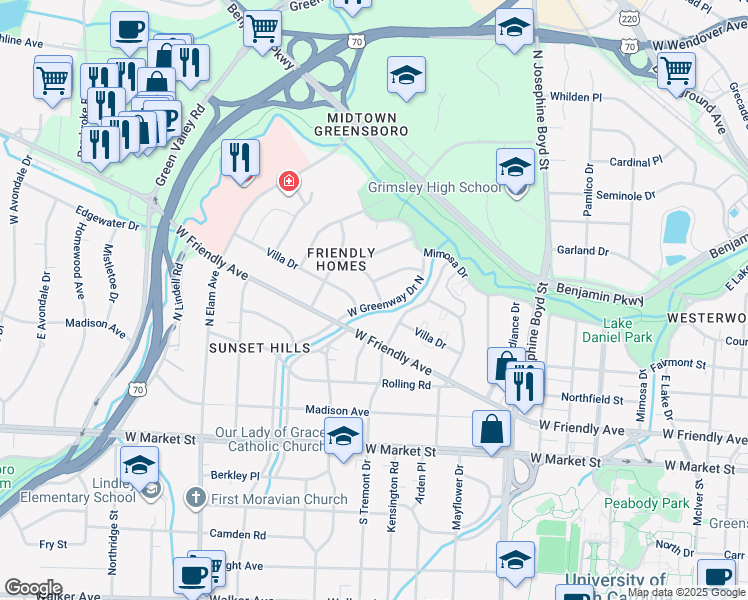 map of restaurants, bars, coffee shops, grocery stores, and more near 2101 Briarwood Drive in Greensboro