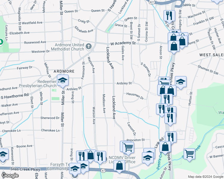 map of restaurants, bars, coffee shops, grocery stores, and more near 912 Lockland Avenue in Winston-Salem