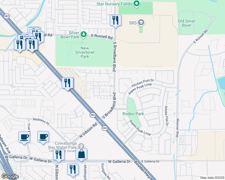 map of restaurants, bars, coffee shops, grocery stores, and more near 6042 Peaceful Creek Street in Henderson