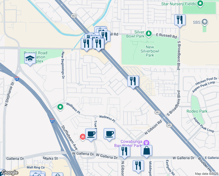 map of restaurants, bars, coffee shops, grocery stores, and more near 6039 Mustang Breeze Trail in Henderson