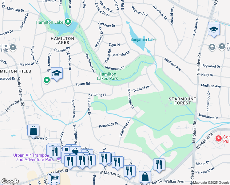 map of restaurants, bars, coffee shops, grocery stores, and more near 3301 Kettering Place in Greensboro