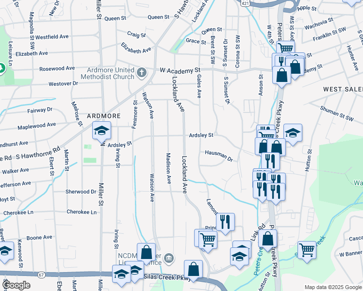 map of restaurants, bars, coffee shops, grocery stores, and more near 912 Lockland Avenue in Winston-Salem