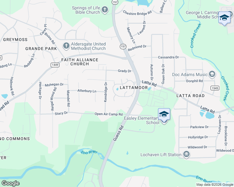 map of restaurants, bars, coffee shops, grocery stores, and more near 501 Latta Circle in Durham