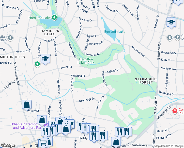 map of restaurants, bars, coffee shops, grocery stores, and more near 3301 Kettering Place in Greensboro