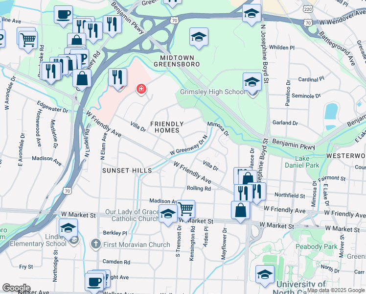 map of restaurants, bars, coffee shops, grocery stores, and more near 2101 Briarwood Drive in Greensboro