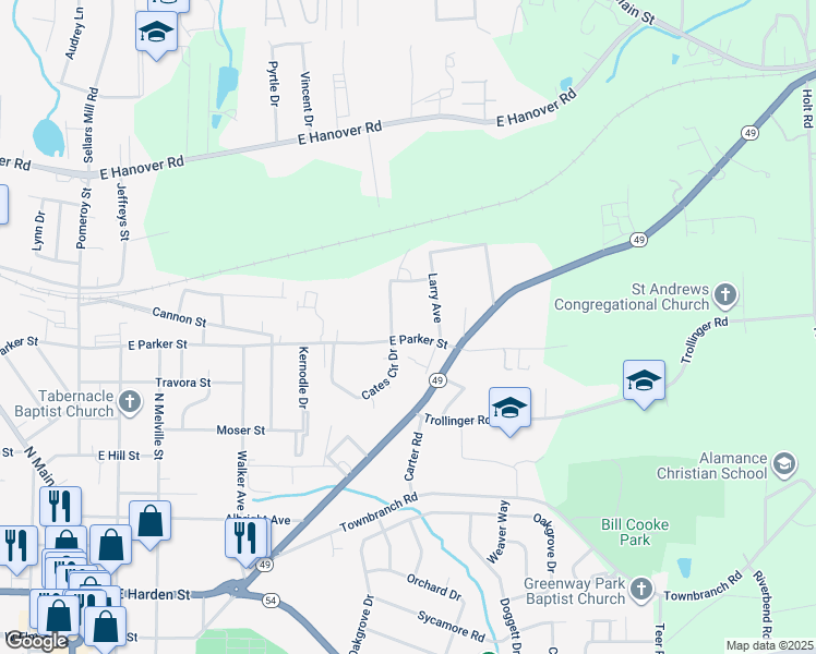 map of restaurants, bars, coffee shops, grocery stores, and more near 612 East Parker Street in Graham