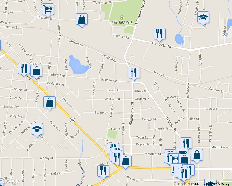 map of restaurants, bars, coffee shops, grocery stores, and more near 809 Oakley Street in Graham