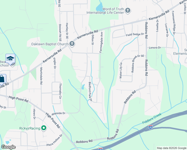 map of restaurants, bars, coffee shops, grocery stores, and more near 3625 Bedford Park Ct in Winston-Salem