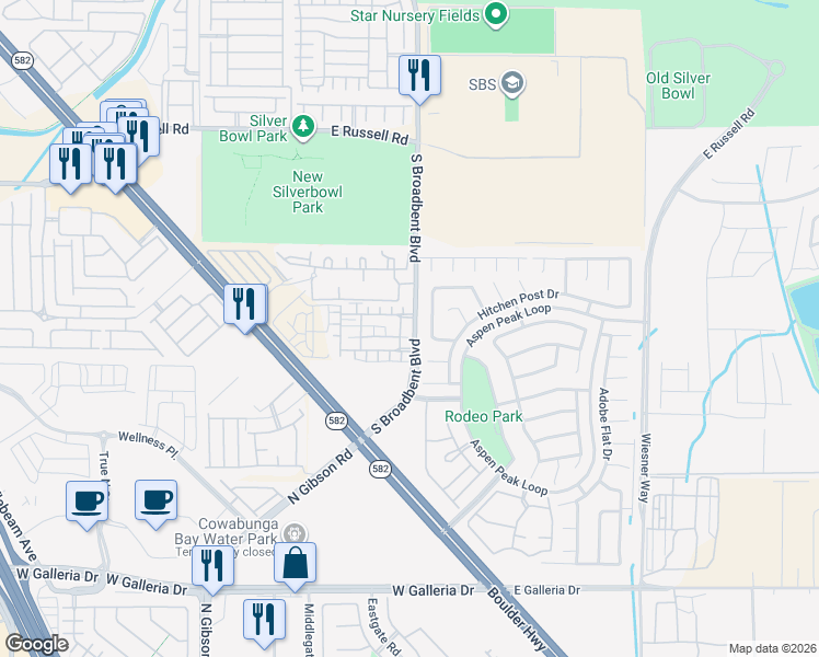 map of restaurants, bars, coffee shops, grocery stores, and more near 6042 Peaceful Creek Street in Henderson