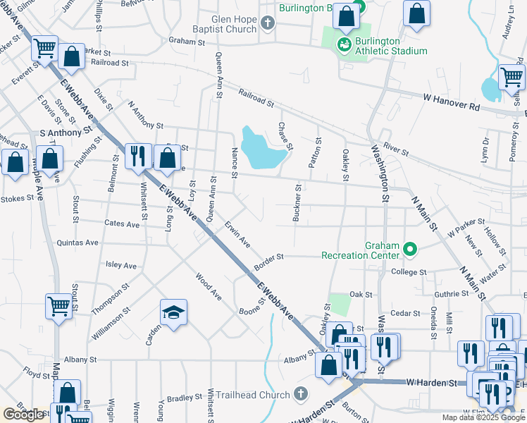 map of restaurants, bars, coffee shops, grocery stores, and more near 1411 Climax Street in Burlington
