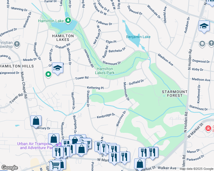 map of restaurants, bars, coffee shops, grocery stores, and more near 3304 Kettering Place in Greensboro