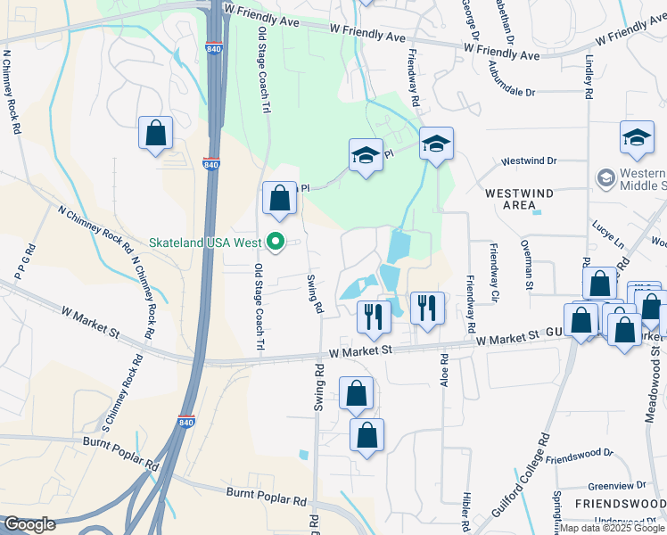 map of restaurants, bars, coffee shops, grocery stores, and more near 6022 West Market Street in Greensboro