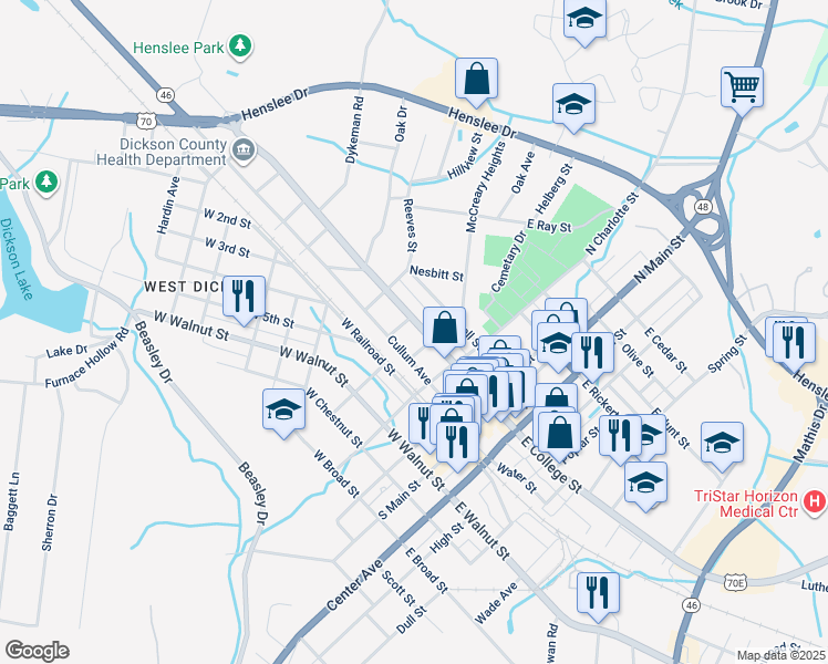 map of restaurants, bars, coffee shops, grocery stores, and more near 408 West College Street in Dickson