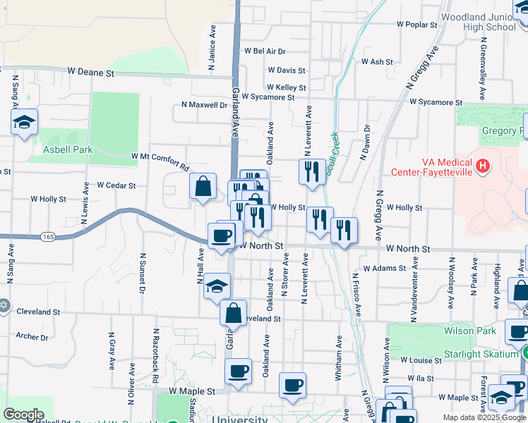 map of restaurants, bars, coffee shops, grocery stores, and more near 941 West Holly Street in Fayetteville