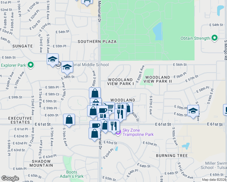 map of restaurants, bars, coffee shops, grocery stores, and more near 5815 South 83rd East Place in Tulsa