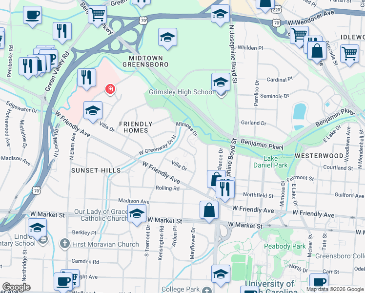 map of restaurants, bars, coffee shops, grocery stores, and more near 604 North Tremont Drive in Greensboro