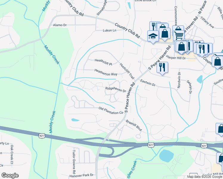 map of restaurants, bars, coffee shops, grocery stores, and more near 128 Breckindale Circle in Winston-Salem