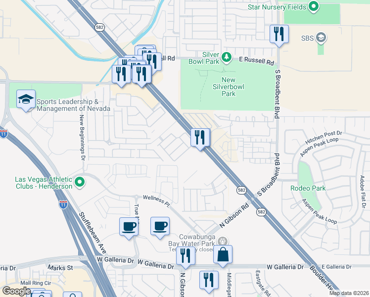 map of restaurants, bars, coffee shops, grocery stores, and more near 6610 Tumbleweed Ridge Lane in Henderson