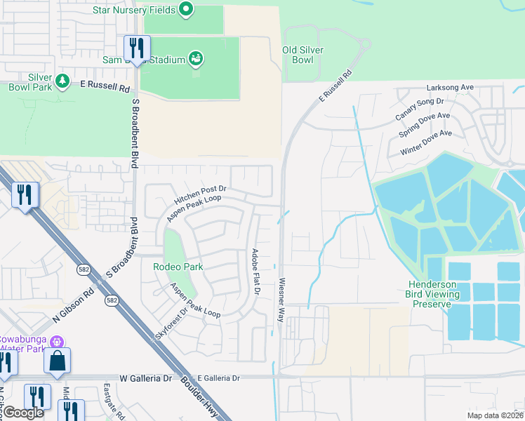 map of restaurants, bars, coffee shops, grocery stores, and more near 613 Hitchen Post Drive in Henderson