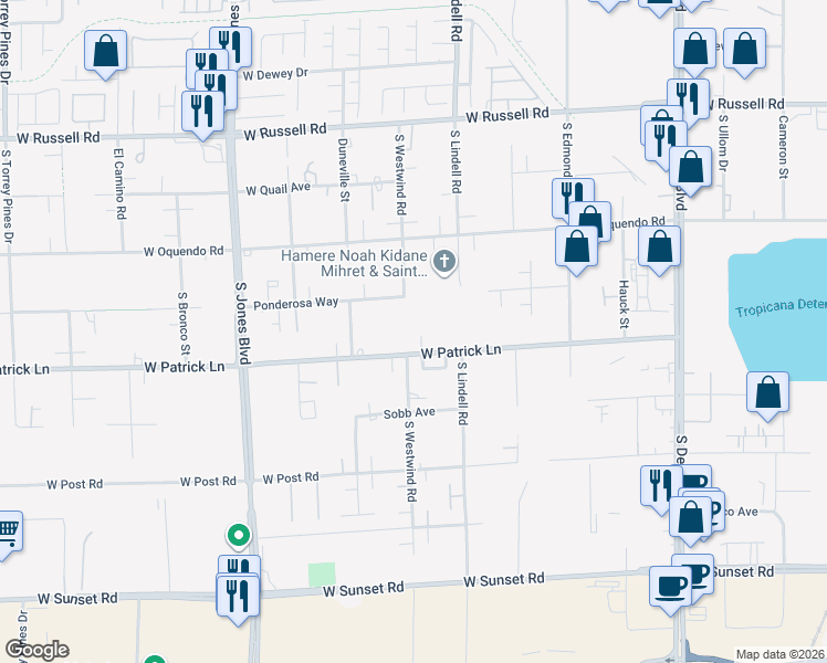 map of restaurants, bars, coffee shops, grocery stores, and more near 5620 West Patrick Lane in Las Vegas