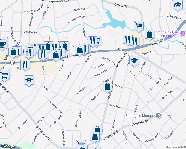 map of restaurants, bars, coffee shops, grocery stores, and more near 409 Laurel Hill Drive in Burlington