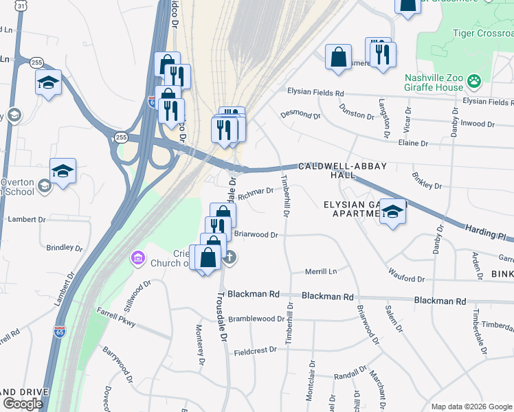 map of restaurants, bars, coffee shops, grocery stores, and more near 4702 Richmar Court in Nashville