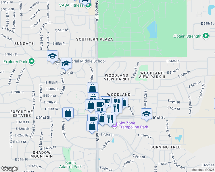 map of restaurants, bars, coffee shops, grocery stores, and more near 5815 South 83rd East Place in Tulsa