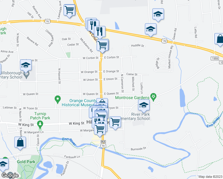 map of restaurants, bars, coffee shops, grocery stores, and more near 117 E Queen St in Hillsborough