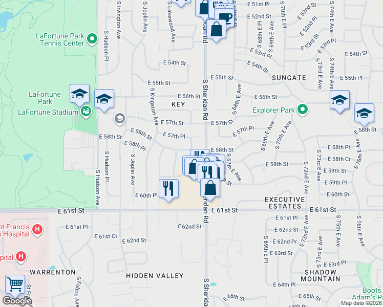 map of restaurants, bars, coffee shops, grocery stores, and more near 6232 East 58th Street in Tulsa