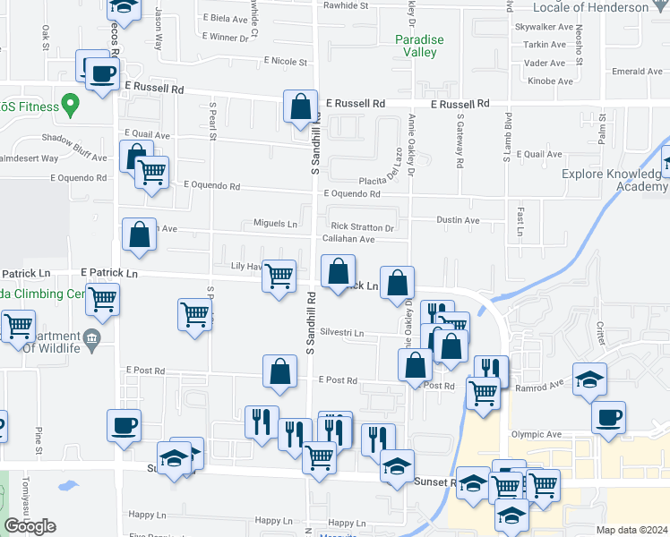 map of restaurants, bars, coffee shops, grocery stores, and more near 3842 East Patrick Lane in Las Vegas