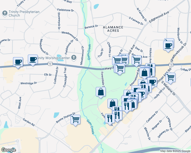 map of restaurants, bars, coffee shops, grocery stores, and more near 3158 Commerce Place in Burlington