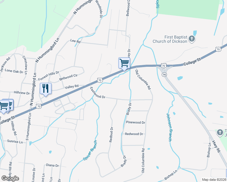 map of restaurants, bars, coffee shops, grocery stores, and more near 1412 U.S. 70 in Dickson
