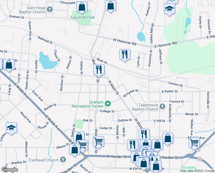 map of restaurants, bars, coffee shops, grocery stores, and more near 809 Sideview Street in Graham