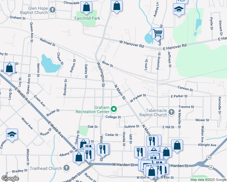 map of restaurants, bars, coffee shops, grocery stores, and more near 809 Sideview Street in Graham