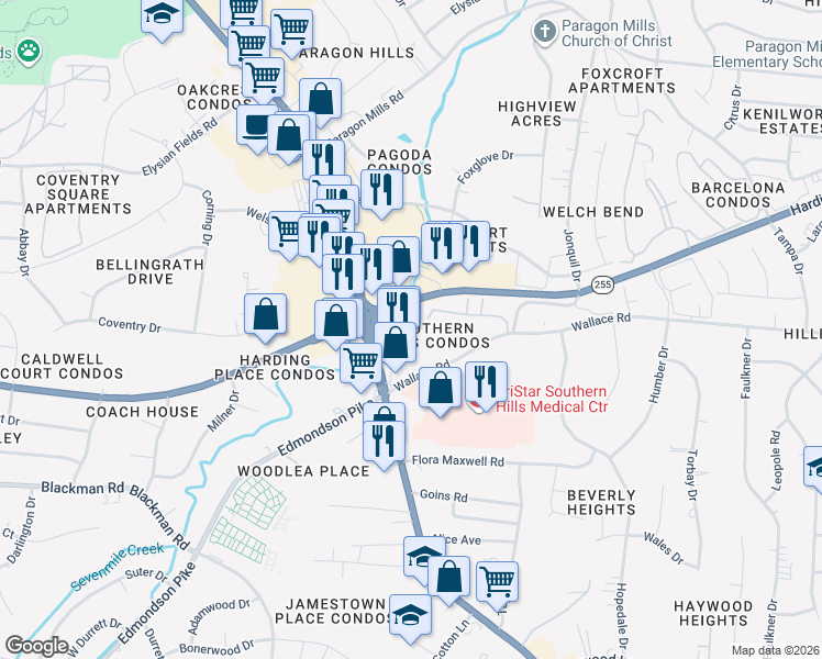 map of restaurants, bars, coffee shops, grocery stores, and more near 205 Brookridge Trail in Nashville