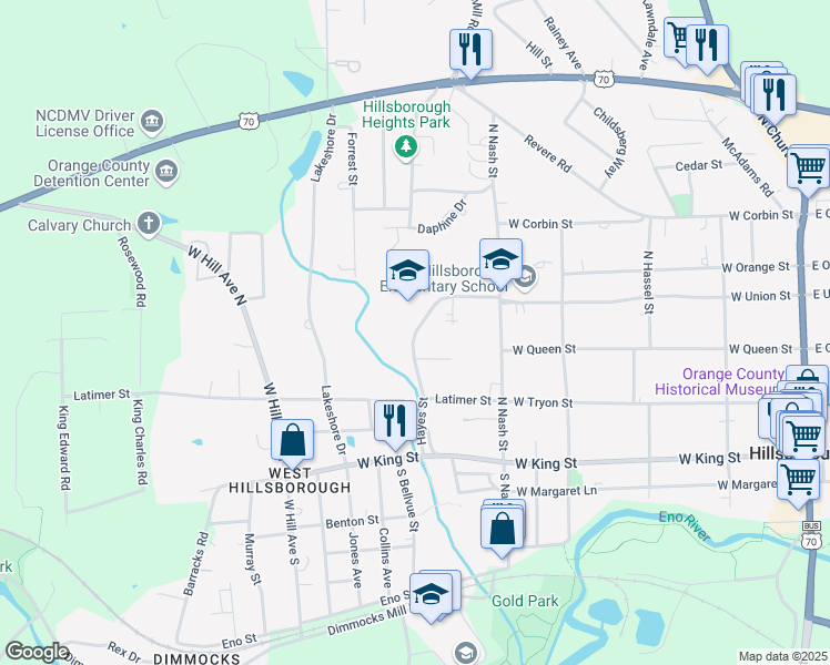 map of restaurants, bars, coffee shops, grocery stores, and more near 154 Hayes Street in Hillsborough