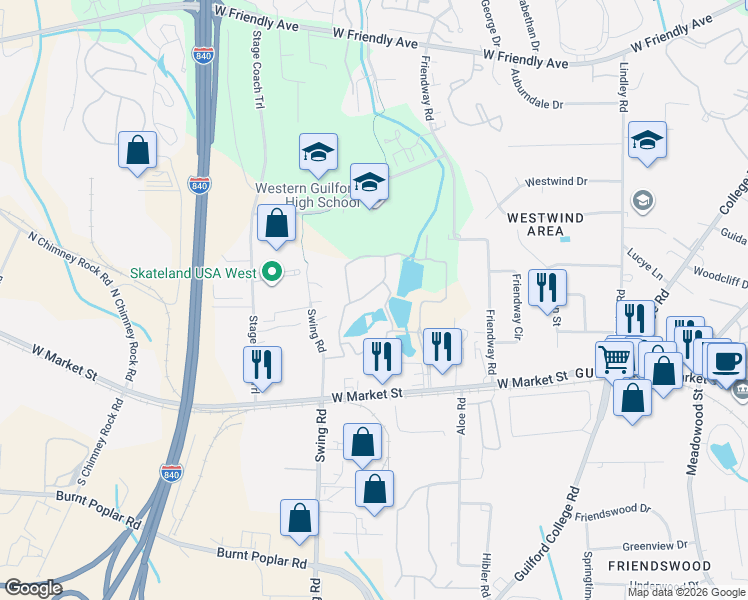 map of restaurants, bars, coffee shops, grocery stores, and more near 5500 Weslo Willow drive in Greensboro