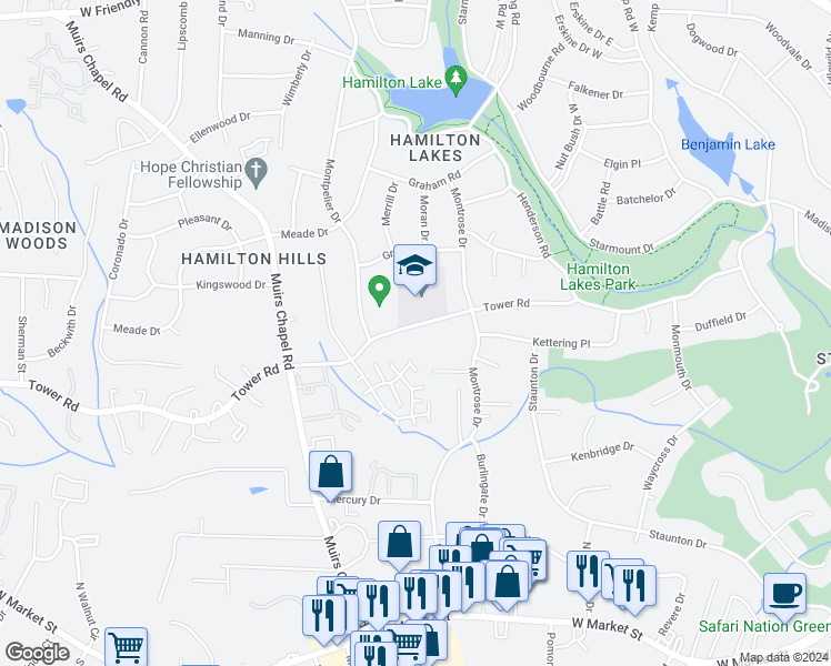 map of restaurants, bars, coffee shops, grocery stores, and more near 4617 Tower Road in Greensboro