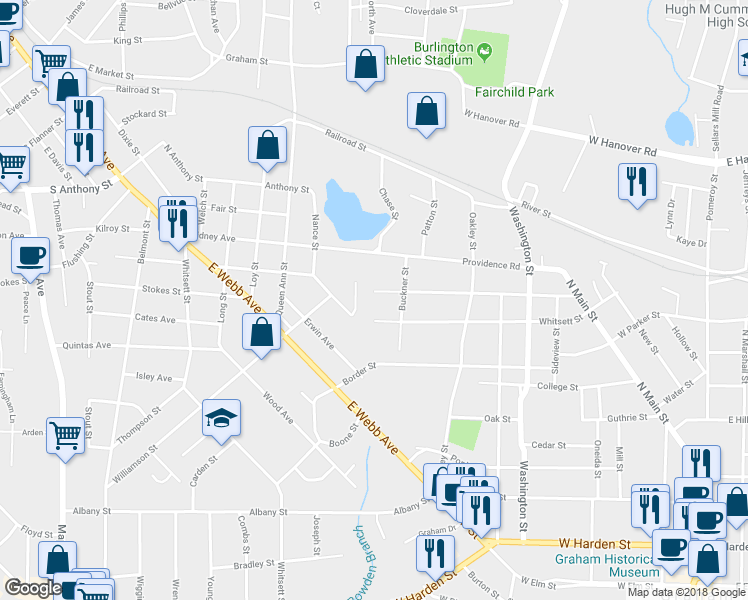 map of restaurants, bars, coffee shops, grocery stores, and more near 1411 Climax Street in Burlington