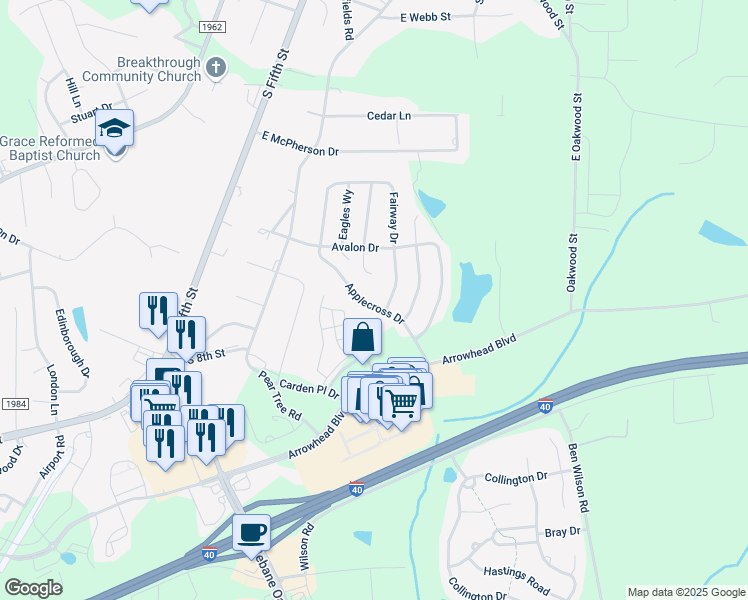 map of restaurants, bars, coffee shops, grocery stores, and more near 531 Applecross Drive in Mebane