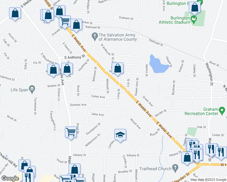 map of restaurants, bars, coffee shops, grocery stores, and more near 218 Stokes Street in Burlington