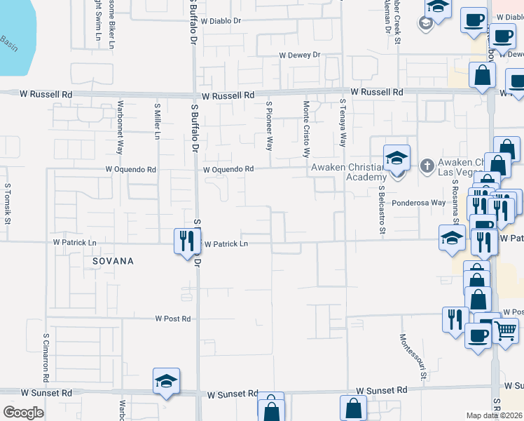 map of restaurants, bars, coffee shops, grocery stores, and more near 7595 Paso Robles Avenue in Las Vegas