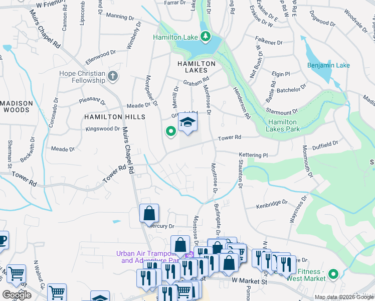 map of restaurants, bars, coffee shops, grocery stores, and more near 4623 Tower Road in Greensboro
