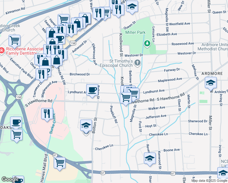 map of restaurants, bars, coffee shops, grocery stores, and more near 2729 Lyndhurst Avenue in Winston-Salem