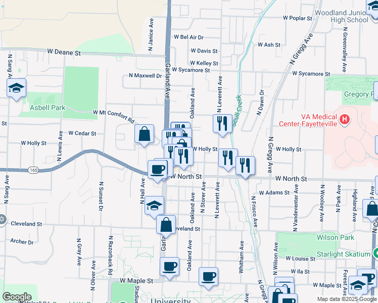 map of restaurants, bars, coffee shops, grocery stores, and more near 1241 Oakland Avenue in Fayetteville