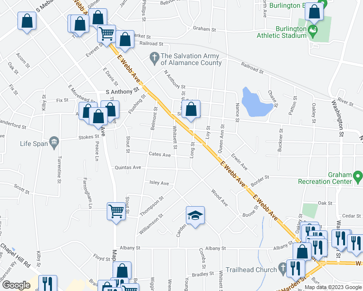 map of restaurants, bars, coffee shops, grocery stores, and more near 222 Stokes Street in Burlington