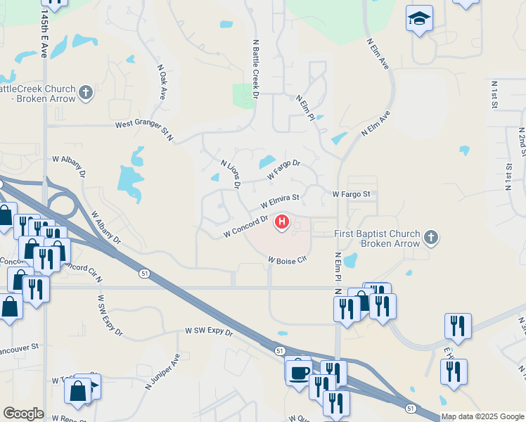 map of restaurants, bars, coffee shops, grocery stores, and more near 1101 West Elmira Street in Broken Arrow