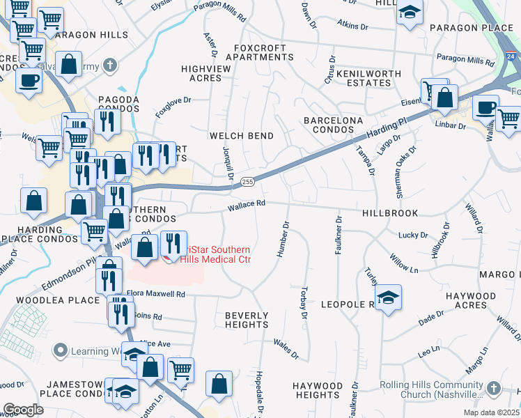 map of restaurants, bars, coffee shops, grocery stores, and more near 4800 Foley Drive in Nashville