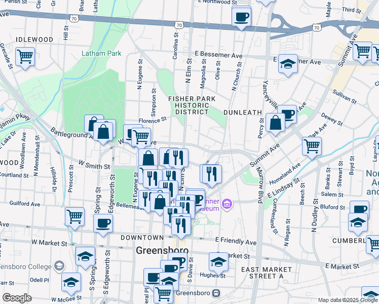 map of restaurants, bars, coffee shops, grocery stores, and more near in Greensboro